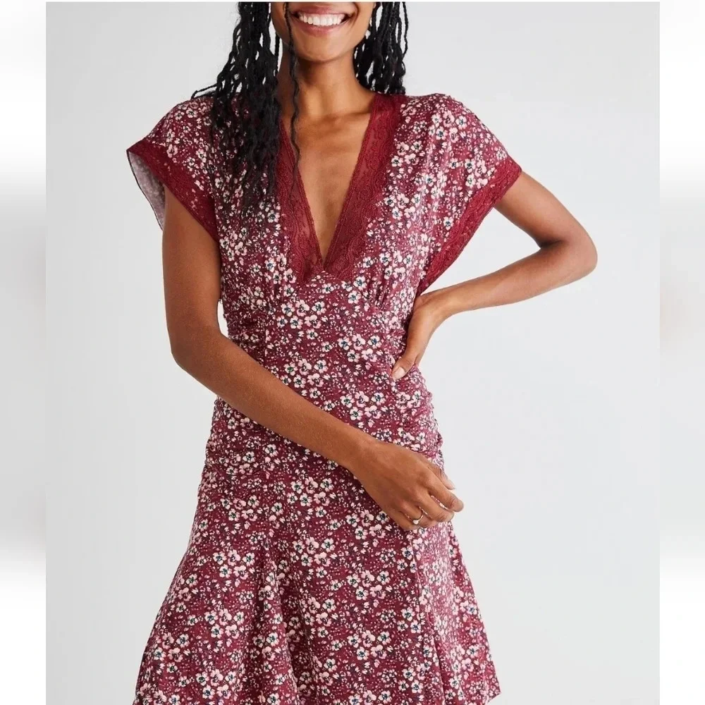 Free People Sweet Talker red Floral lace Boho Cottagecore 90s Mini Dress Size XS - Picture 2 of 16